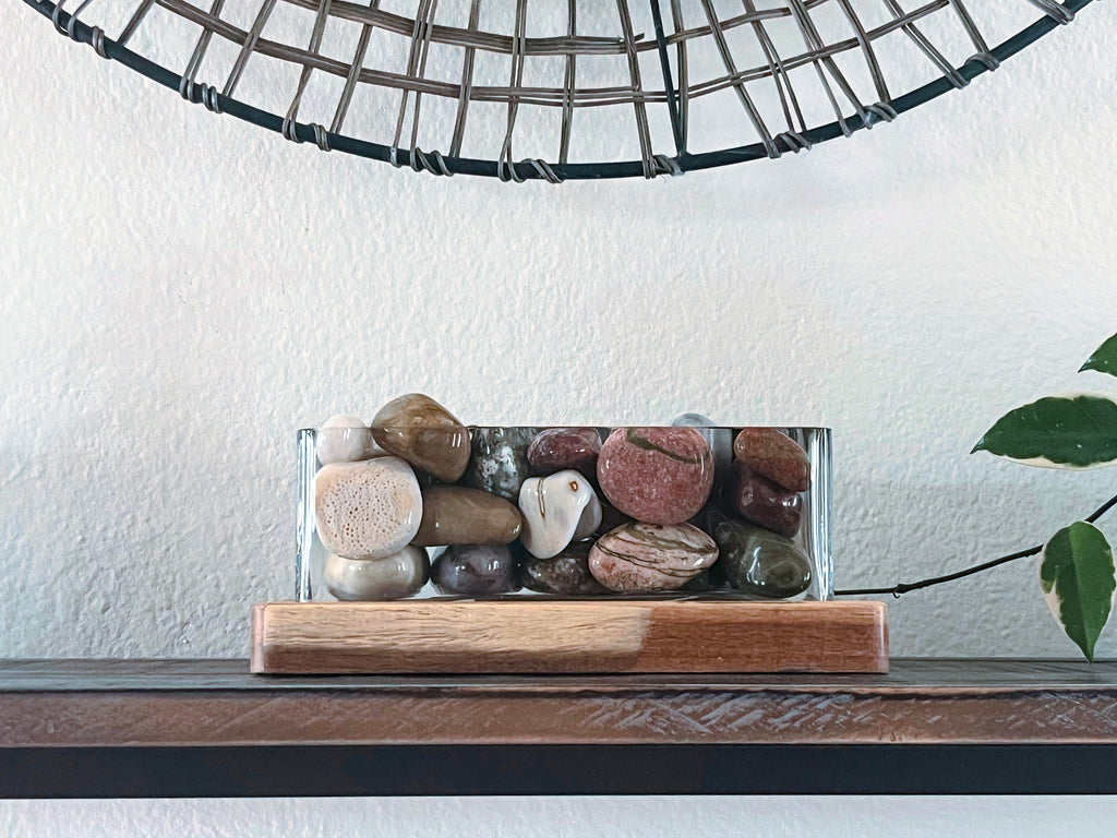 Signature Horizontal Glass Display with Tumbled Stones