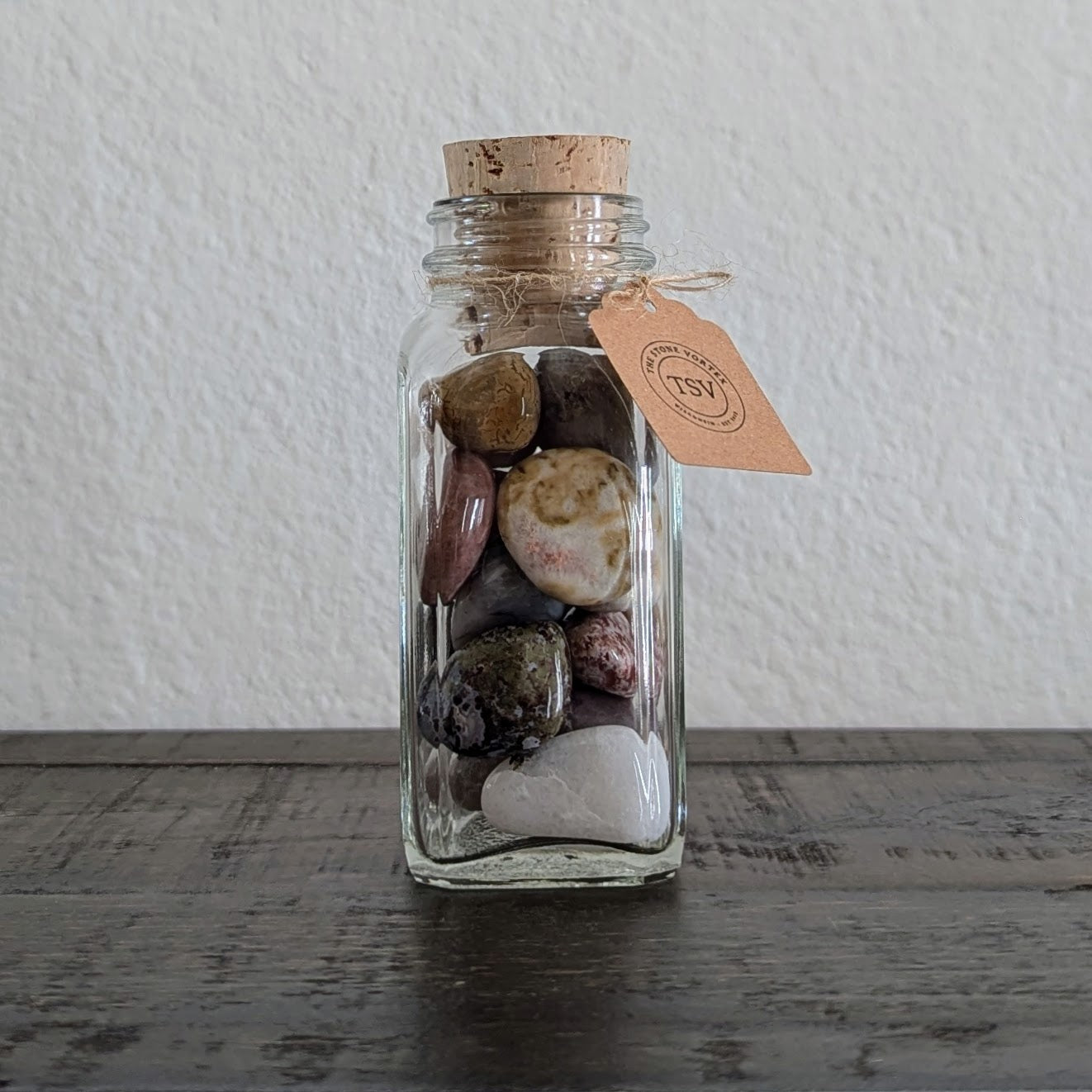 250g Medium Tumble Polished Stones in Cork-Top Glass Jars